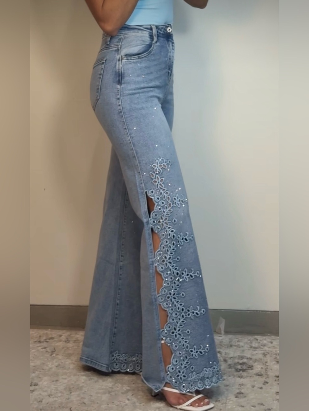 Nina Rossi Women's Light Blue Embroidered Flare Sparkle Jeans with Side Cutouts